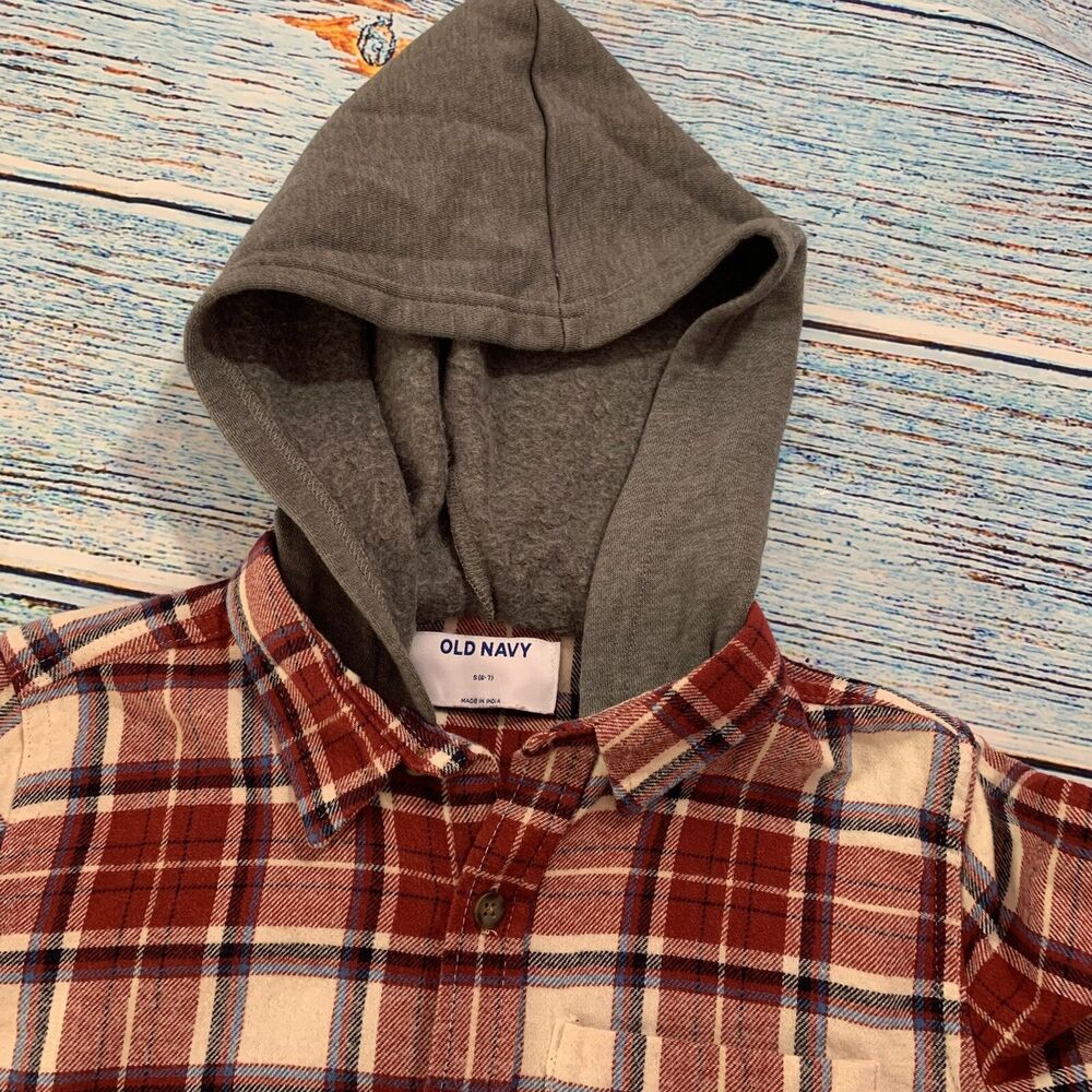 Old Navy Boys Shirt Kids Plaid Flannel Hooded Buttons Red Fleece Cowboy 6 7 S - Picture 4 of 12